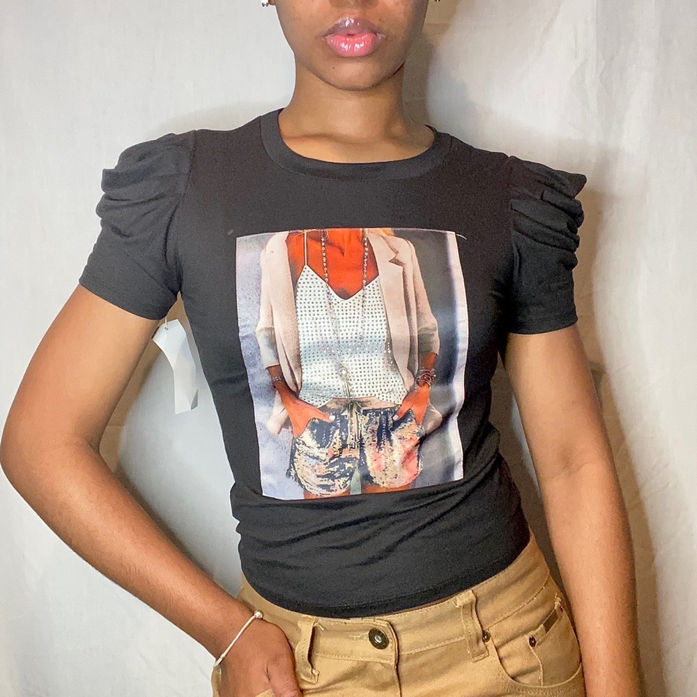 Rhinestone graphic puff sleeve tee